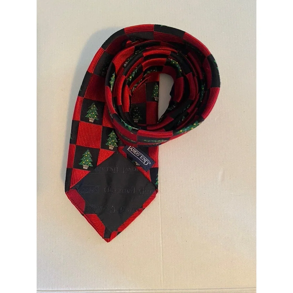 Lands End Mens Silk Christmas Tie Red Black Checkered Holiday Tree Handsewn USA